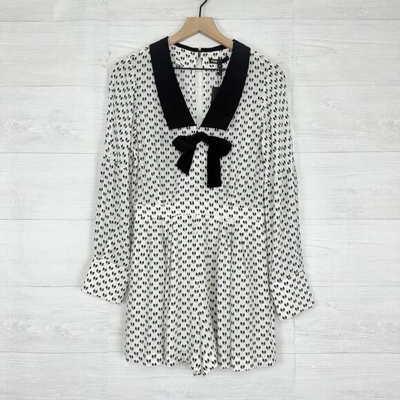 NWT Maje Bow-Print Playsuit Romper Size 38 US M White Black Coquette Retro $375 - Picture 2 of 16